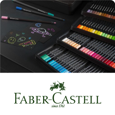 Conjunto de lápis Faber-Castell com desenhos coloridos em papel preto